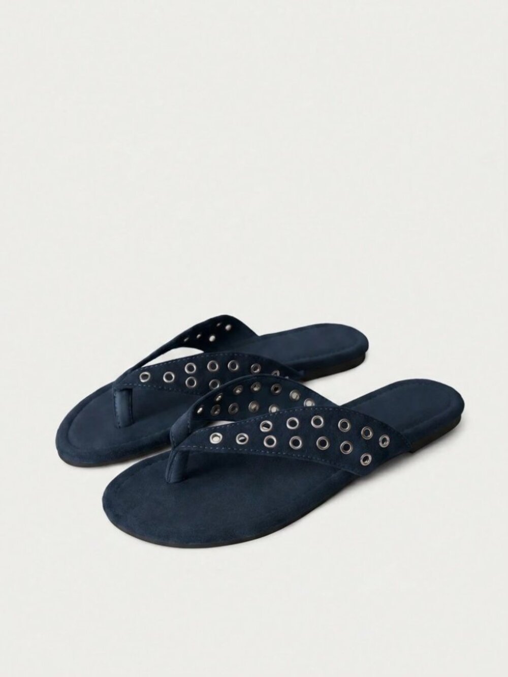 Navy Grommet Thong Flat Sandals with Silver Eyelets